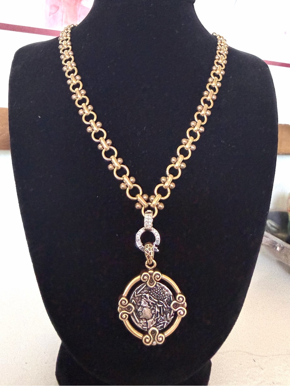 Gold-Tone Medallion Pendant Necklace with Ornate Chain